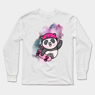 Cute Panda Skateboarding - Adorable Panda - Kawaii Panda Long Sleeve T-Shirt